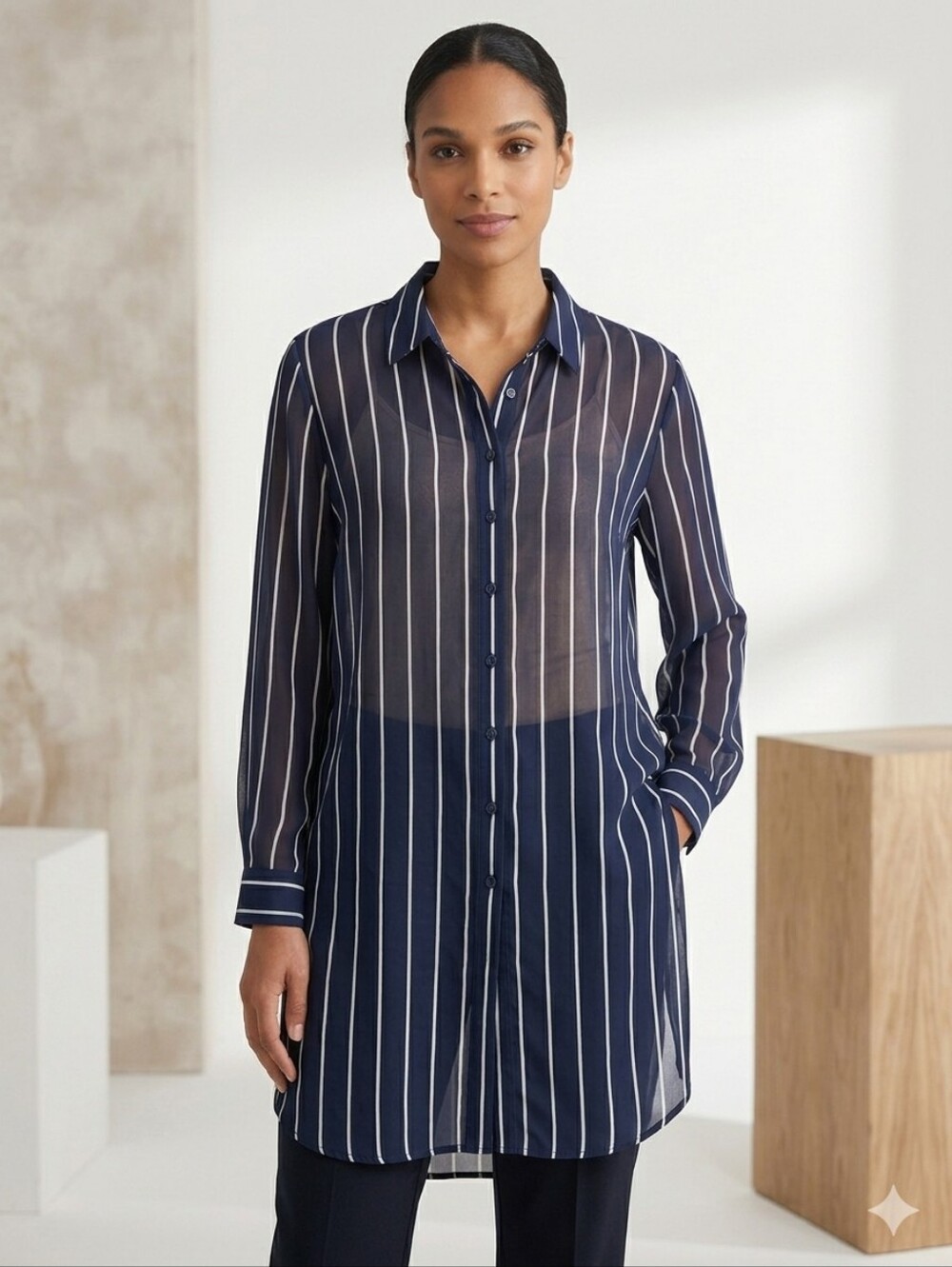 Astr NWT Navy and White Striped Sheer Button-Up Tunic, Size XL
